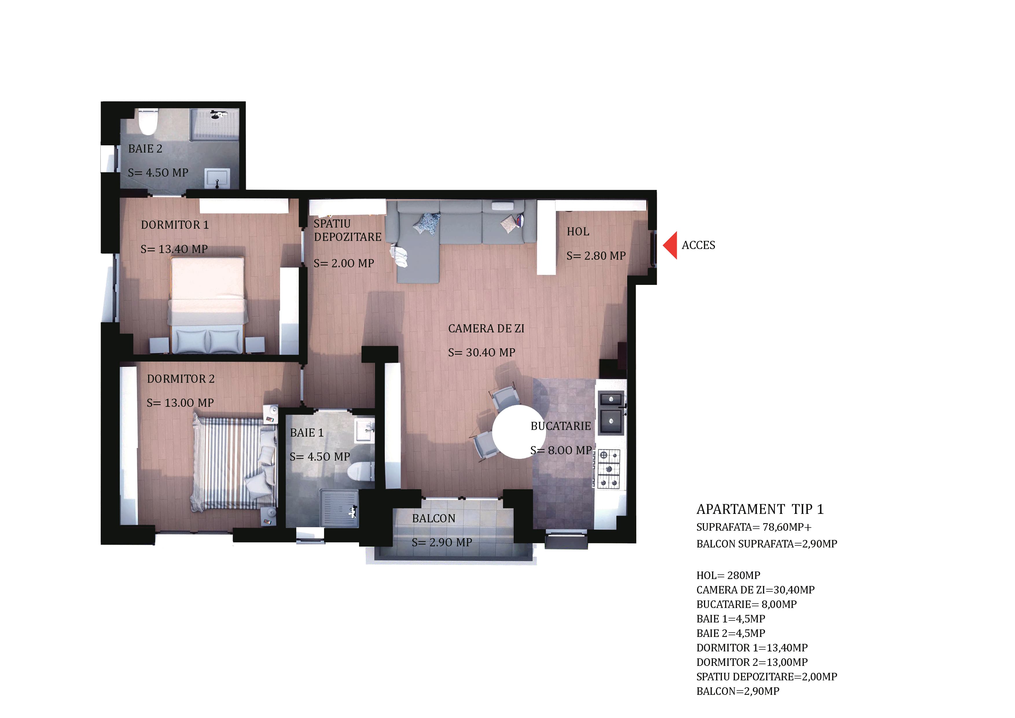 Apartament 3 camere — Tip 1 — Ap. 1 — plan